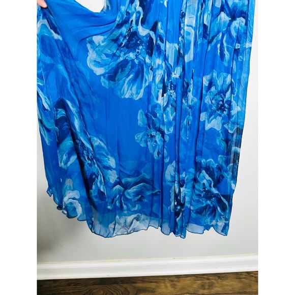 HALSTON Bright Blue Floral Chiffon V-Neck Criss-Cross Open Back Maxi Dress Size4 - Picture 10 of 14